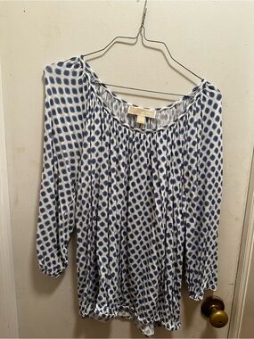 Michael Kors White and Navy Printed Peasant Top